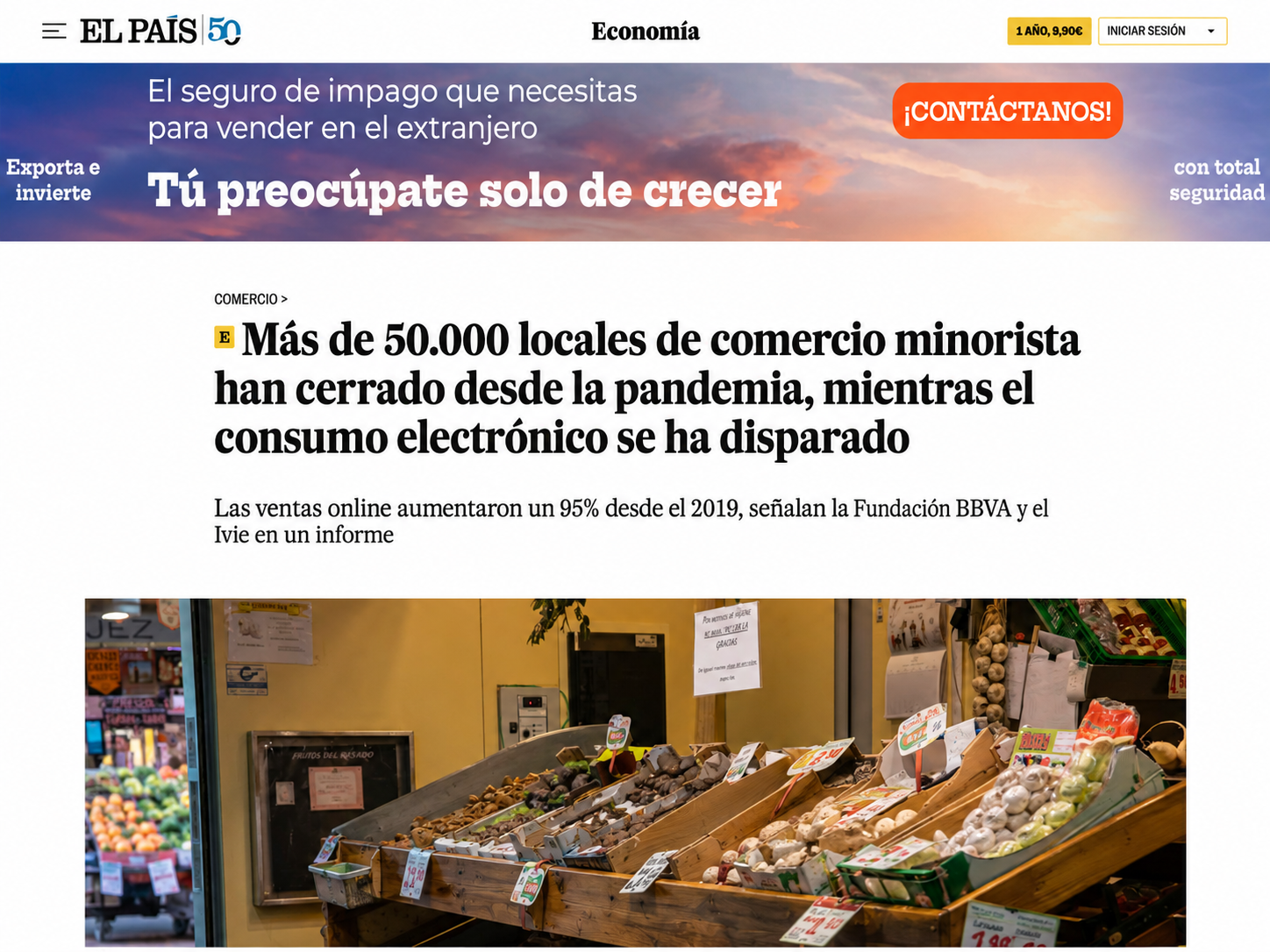 Captura real de El Pa&iacute;s Econom&iacute;a sobre el auge del consumo electr&oacute;nico